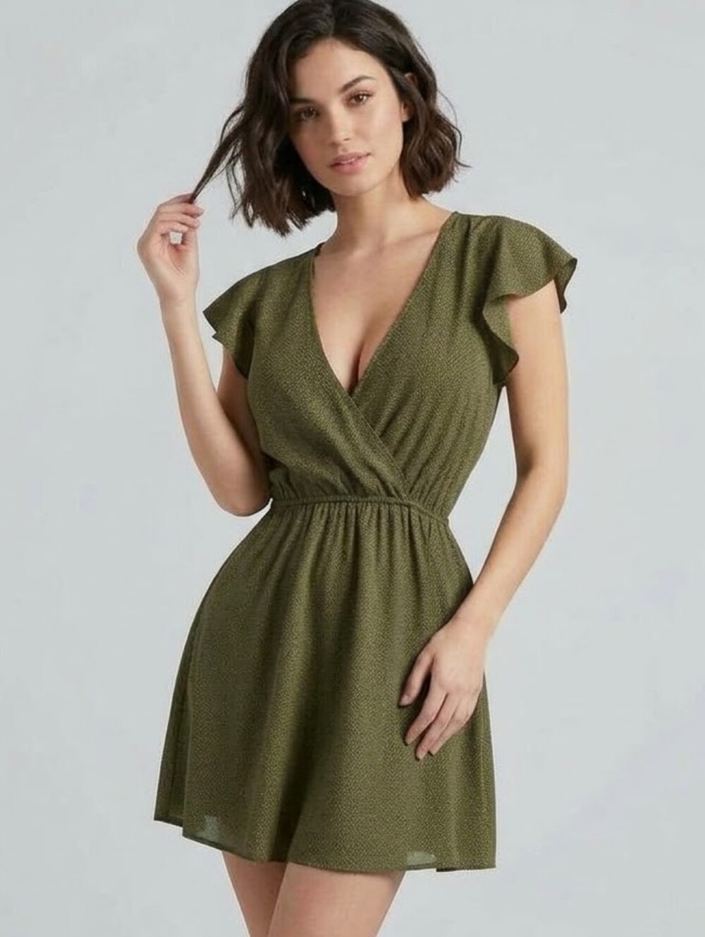 Vintage VM Olive Green V-Neck Flutter Sleeve Dress